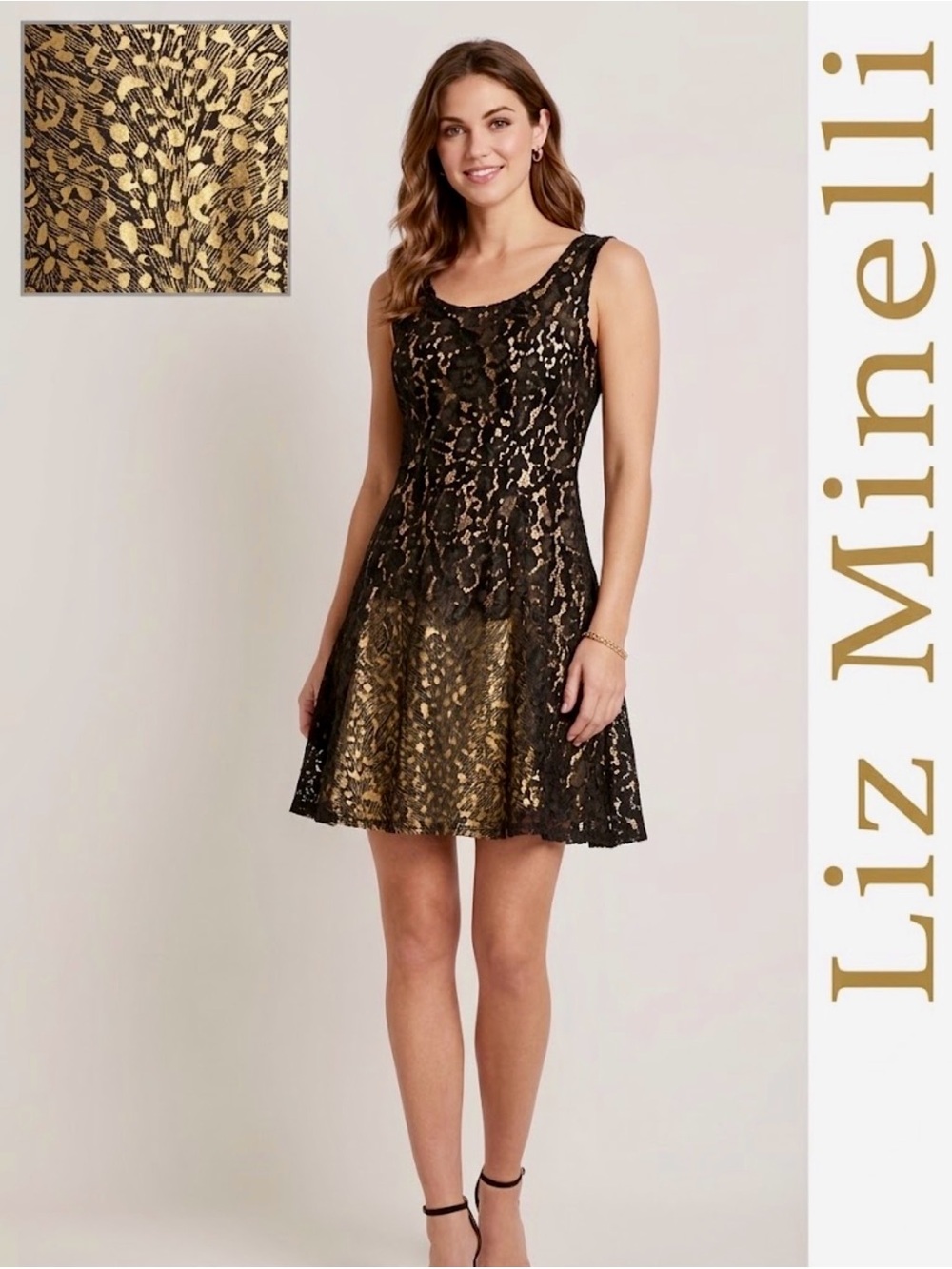 Liz Minelli Black Gold Floral Lace Cocktail Dress Metallic A-Line Mini Size M